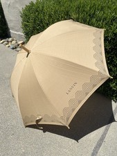 LANVIN Beige Geometric Border Classic Stick Umbrella w/ Wood Hook Handle