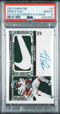 2022 Pannini One Breece Hall Patch Auto-Platinum /5 NIKE PATCH PSA 10 **POP 1**