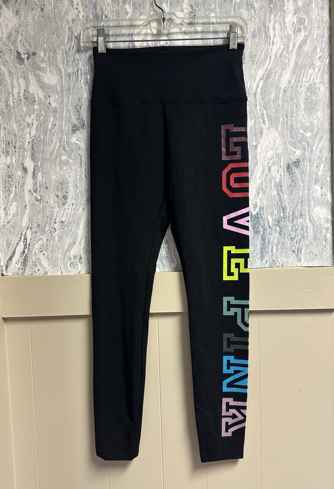 PINK Victoria’s Secret Black Leggings Rainbow Logo high Waist SIZE S