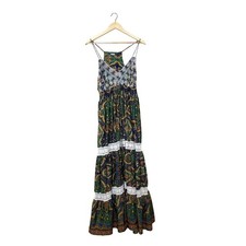 Art Silk Paisley Boho Maxi Dress Green Blue Lace Crochet Tiered Smocked Waist