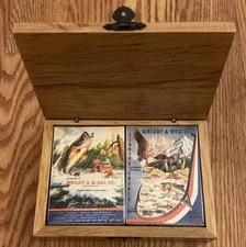 Vintage Wright & McGill Eagle Claw Fishing Playing Cards 2 Decks With Wooden Box