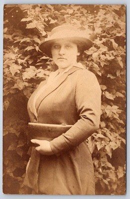 Antique Germany woman in garden hat coat book portrait RPPC