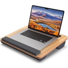 Portable Lap Desk Laptop Stand For Bed With Wrist Rest Tablet Slot Light Brown