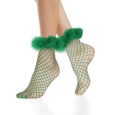 Womens Ruffle Fishnet Socks Fake Feather Cuffs Decorated Mesh Lace Socks Fanc...