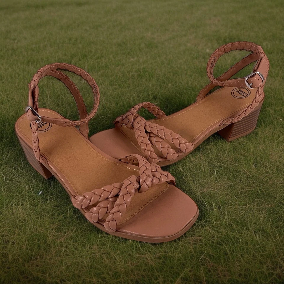 Sandalias de tacón Wonder Nation tostadas trenzadas para mujer talla 5 correa al tobillo con tiras Foto 2 de 4