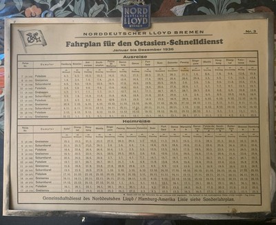 Vintage 1936 Norddeutscher Lloyd Bremen Framed Sailing Schedule Ostasien Express