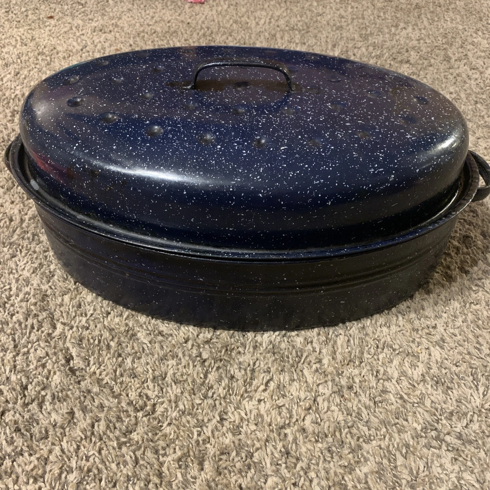 Pre-O Blue Granite Oblong Baking Pan W/Lid/Turkey/Holiday/Roast/Seasonal/ Oven