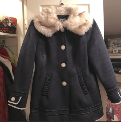 Women s Size Large shearling Faux Suede leather Navy jacket Coat Esprit EUC