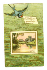 Vintage Postcard Birthday Bird Landscape Post...