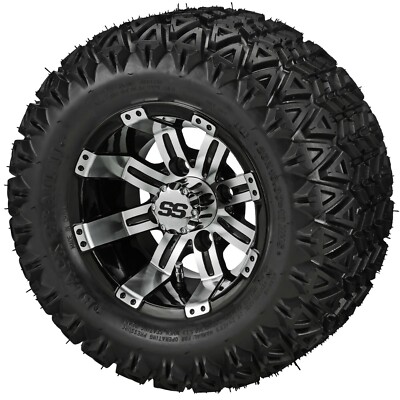 (4) Golf Cart 20x10-10 Black Trail A/T Tire on 10x7 Black/Machined Tempest Wheel