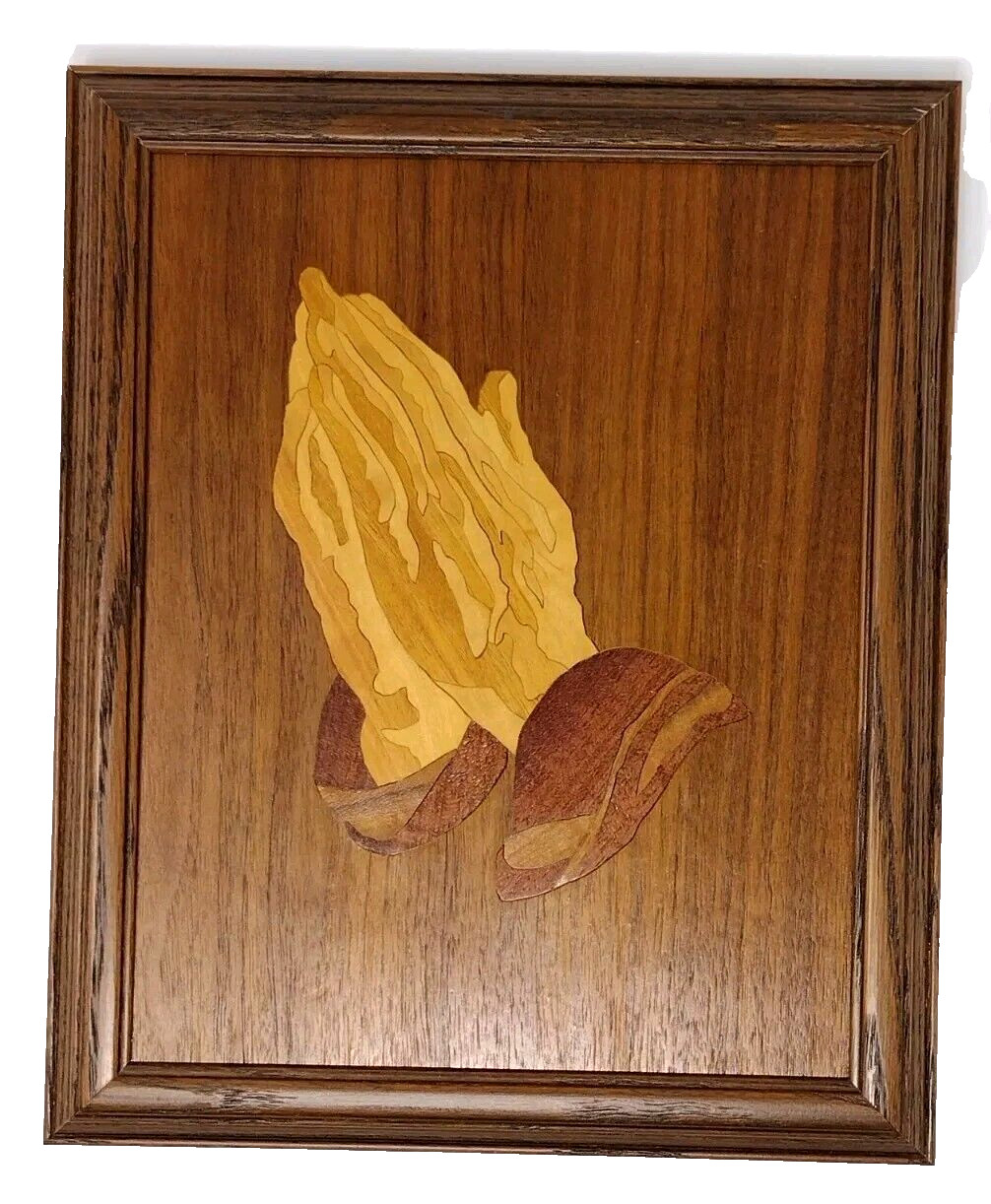 VTG Praying Hands Wood Marquetry Inlaid Inlay Framed Picture Christian Wall Art