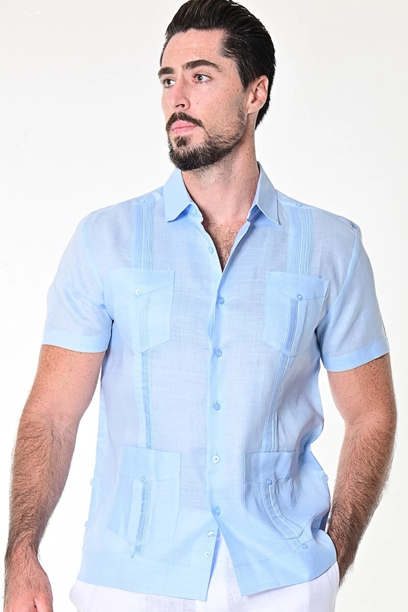 Bohio 100% Linen Guayabera Shirt for Men -Lt. Blue Traditional (4)-Pocket -LS499