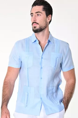 Bohio 100% Linen Guayabera Shirt for Men -Lt. Blue Traditional (4)-Pocket -LS499