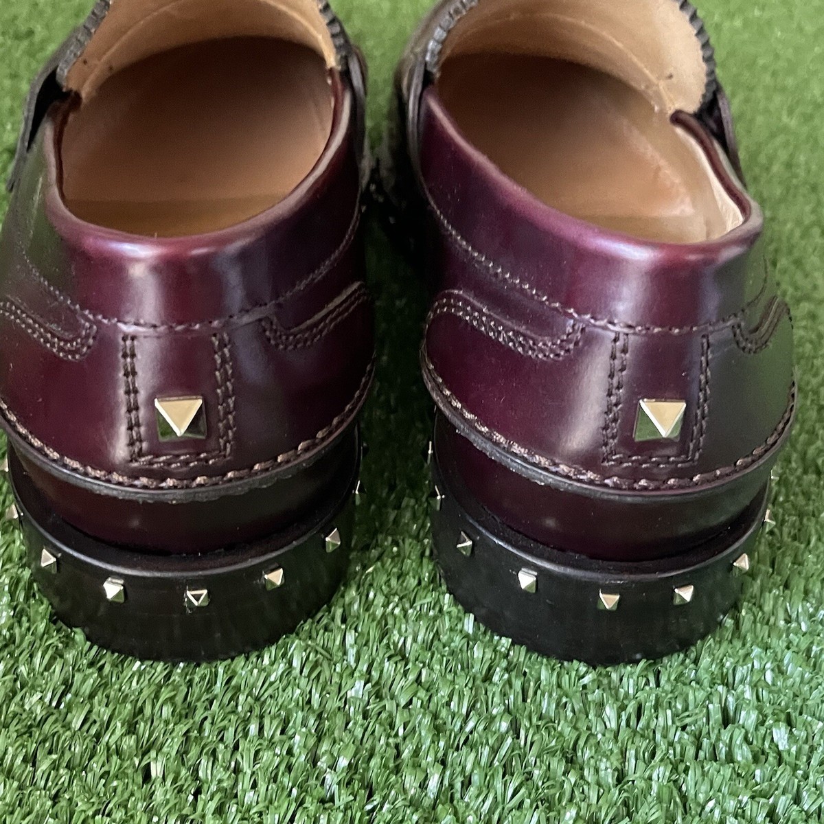 VALENTINO GARAVANI Studded Burgandy Leather Penny Loafer