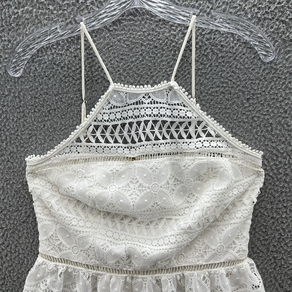 Vestido Trina Turk Mujer 4 Blanco Encaje Ojales Superposición Resort Mini Halter Calce Acampanado Foto 2 de 4