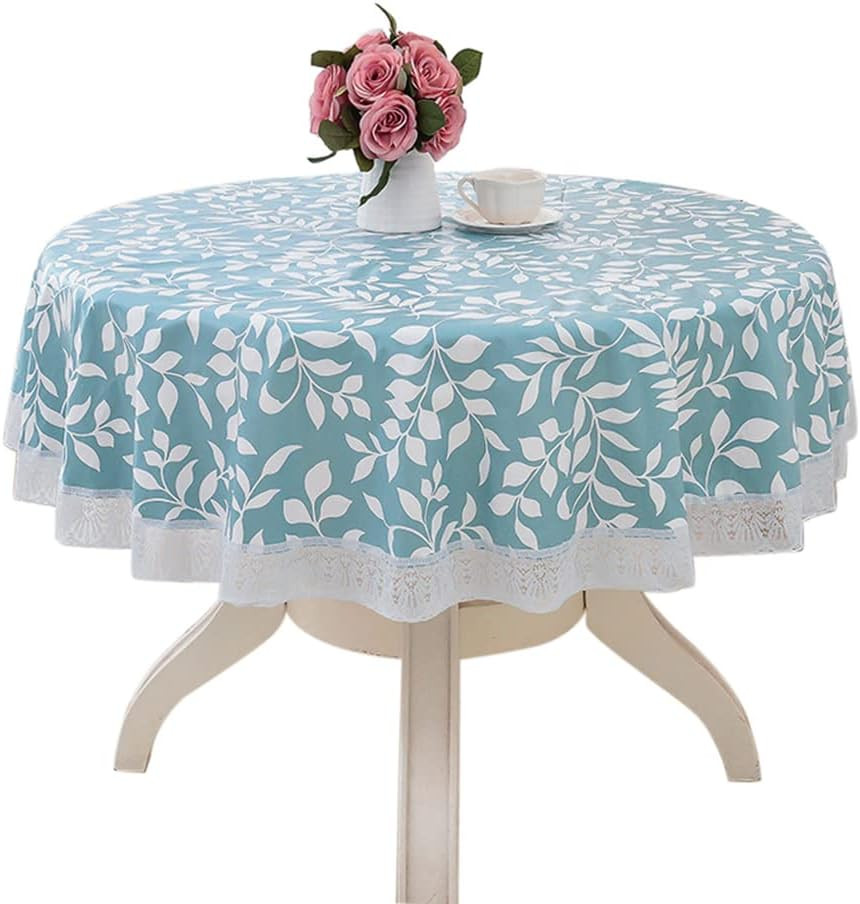 Round Tablecloth Blue Leaves Printed Table Cover 60inch Dining Decorative For Ho