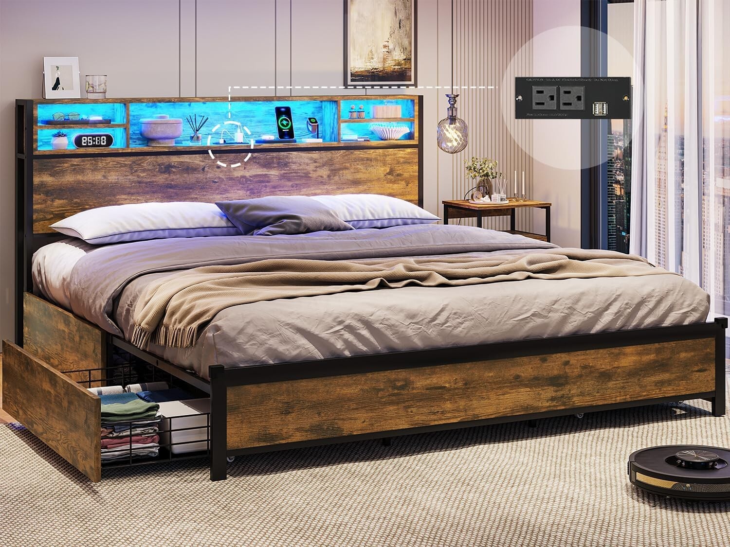 King LED Metal Platform Bed Frame with Storage Headboard & 4 Drawers-image