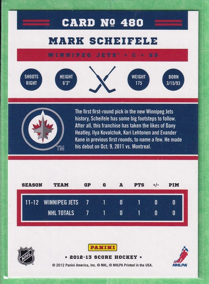 2012-13 Score #480 Mark Scheifele Winnipeg Jets - Image 2 of 2