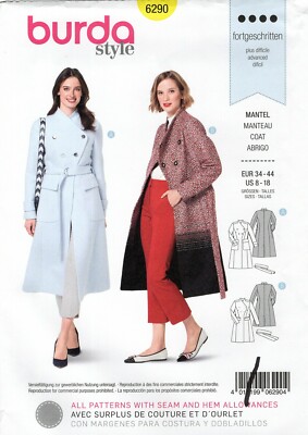 Burda 6290 Double-Breasted, Lined Redingote Coat w Spade Collar Sz 8-18 UNCUT