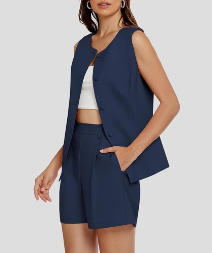 Women's 2 Piece Blazer Suit Set Summer Business Matching Sets Crew Vest Shorts - Picture 48 of 70