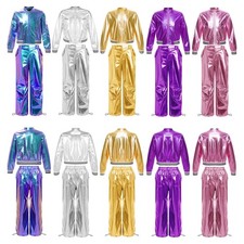 Kids Girls Set Tracksuit Dancewear Metallic Outfit Zipper Dance Outerwear Jazz