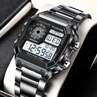 Mens Digital Sport Watch Waterproof 5ATM Square Stainless Steel Wrist Watch
