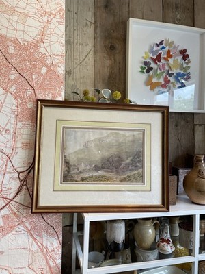 Gold gerahmtes ländliches Aquarell Landschaft Szene Bild Druck