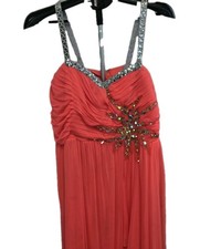 DEB Long Evening Gown Formal Prom Dress Womens 18 Beaded Sequin Coral Chiffon