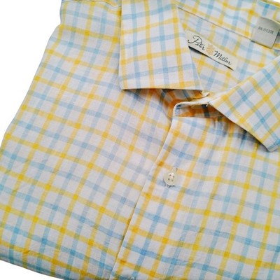Peter Millar  LRG Linen Blend Blue Yellow Plaid Short Sleeve Button Down Shirt
