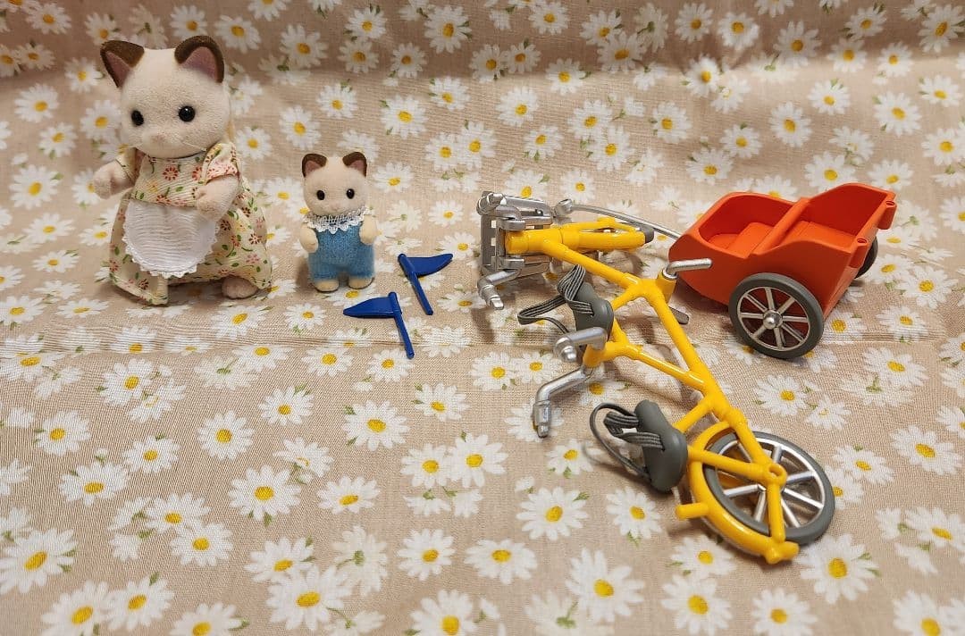 Sylvanian Families Cream Cat Tandem Bike Baby Trailer Epoch Japan Import No Box