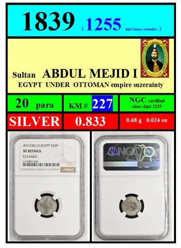 EGYPT coins-1839 (1255)-SILVER 0.833-20 PARA-sultan ABDUL MEGUID-KM # 227-NGC