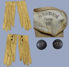 Antique French Child Kid Leather Gloves w Fabulous BON MARCHE PARIS Buttons!