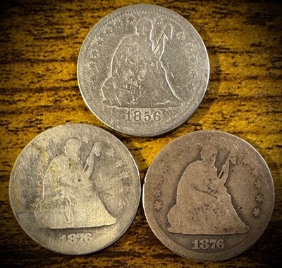 1856 1876 1876-CC Seated Liberty Quarter Lot Of 3 Coins