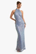 Boohoo High Neck Racer Crochet Sequin Maxi Blue Dress Open Back Uk 16 RRP £45