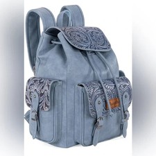 VTG Wrangler West Montana Tooled Backpack Women Large Blue Floral Shoulder Strap