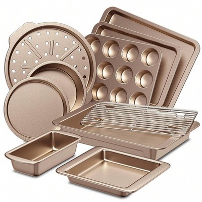 10 Piece Bakeware Set Carbon Steel Nonstick Gold Baking Pans Cookie Cake Muffin
