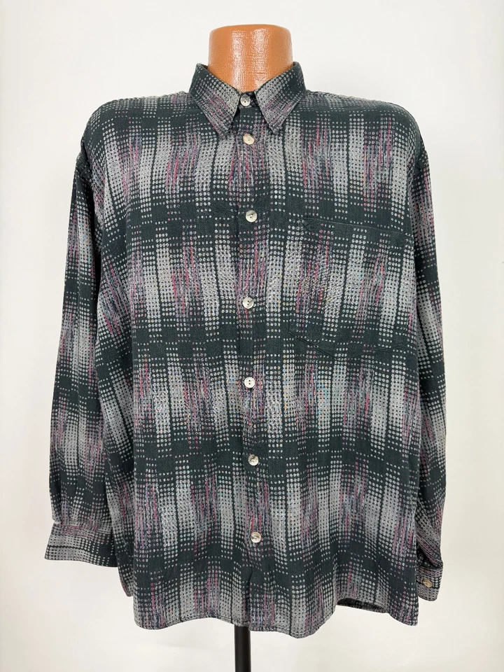 Camisa De Colección Jhane Barnes Hombres Grande Ikat Punto Rayas Negra Gris Algodón Preppy Foto 2 de 4