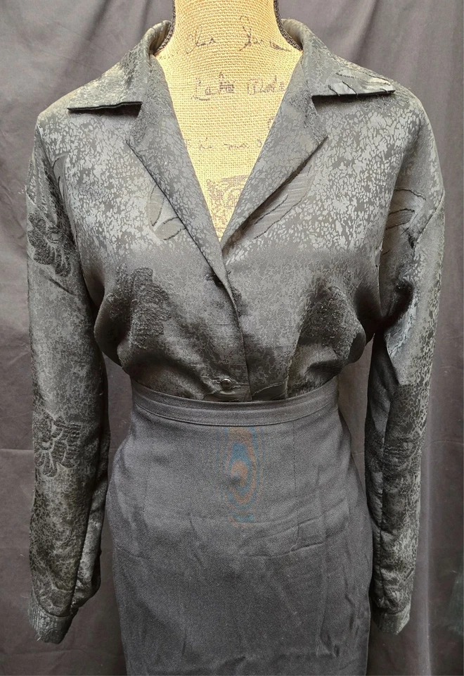 Винтажный ручной работы длинным рукавом черный на пуговицах блузка из полиэстера с бархат акценты Sz L - Изображение 3 из 4