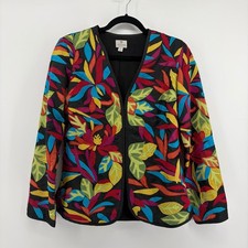 Chicos Silk Embroidered Floral Applique Jacket Black Multicolor SZ 0 / US Small
