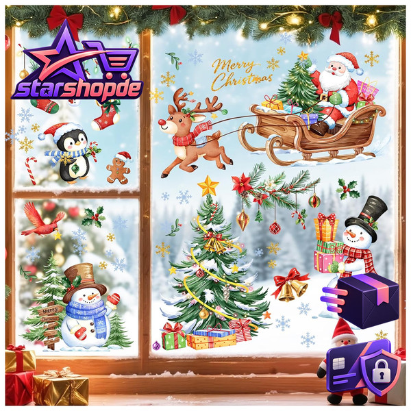 Fensterbilder Weihnachten Weihnachtsmann Rentier Schneemann Pinguin Dekoration-image