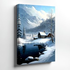 Wall Art Snowy Mountain Cabin Lake Winter Landscape Print Rustic Home Decor