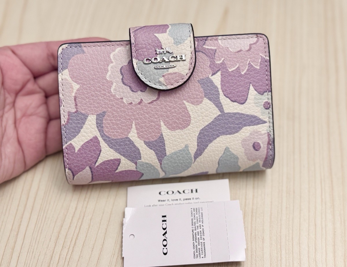 COACH Medium Corner Zip Wallet With Floral Print Ivory/Purple/Pink