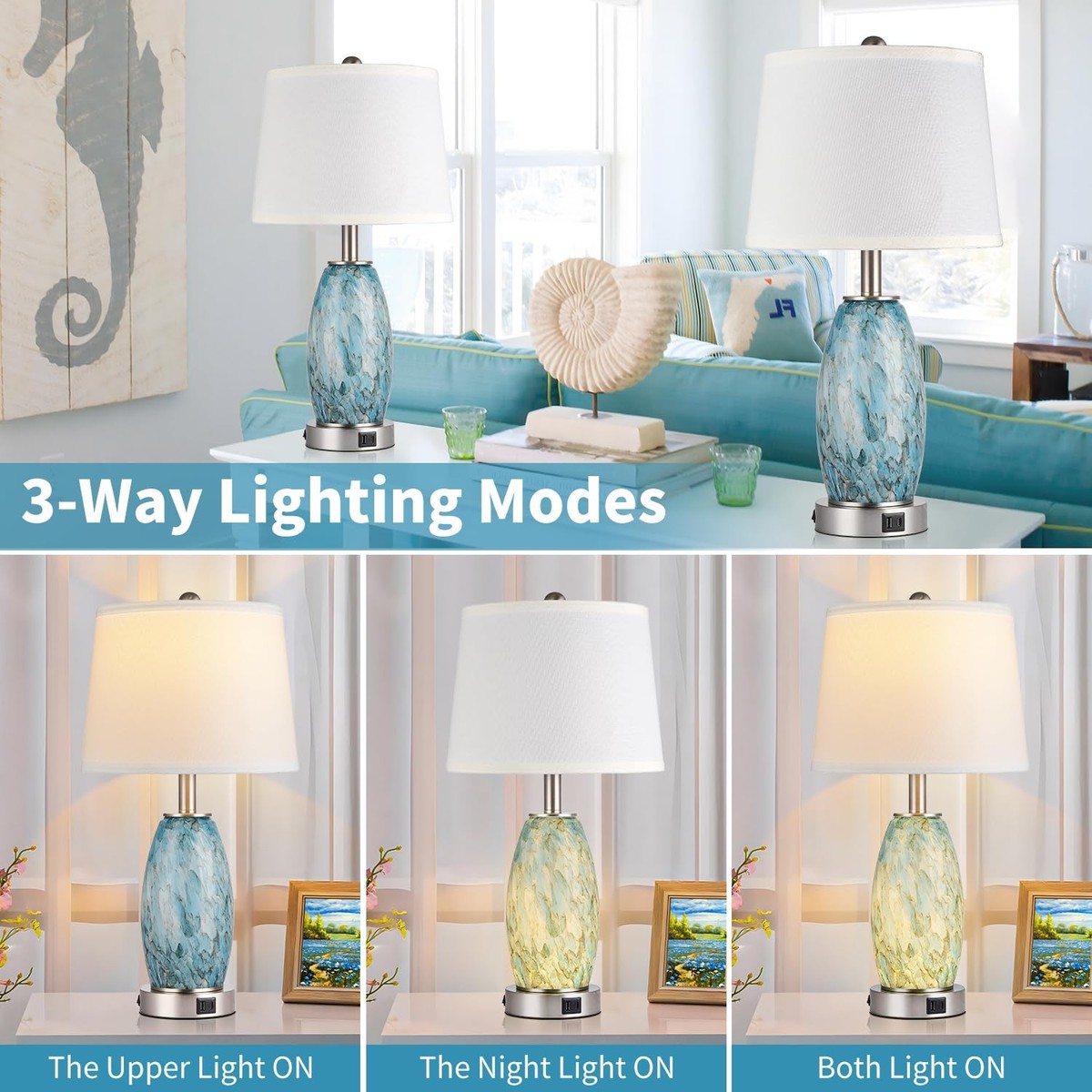 Maxax 23 Glass Table Lamp Set of 2 with USB A & C Charging Ports, Contemporary Bedside Lamps for Living Room, Bedroom