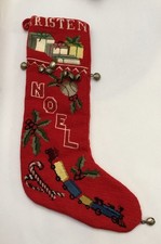Old Vintage Needlepoint Name Kristen Train Brass Jingle Bells Christmas Stocking