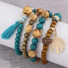 New Bohemian Beaded Layered 4 Strand Tree of Life Tassel Stretchy Bracelet Set