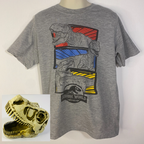 KONVOLUT Jurassic World Kinder Jungen T-Shirt Gr. 7 grau Kurzarm Dinosaurier + Spielzeug