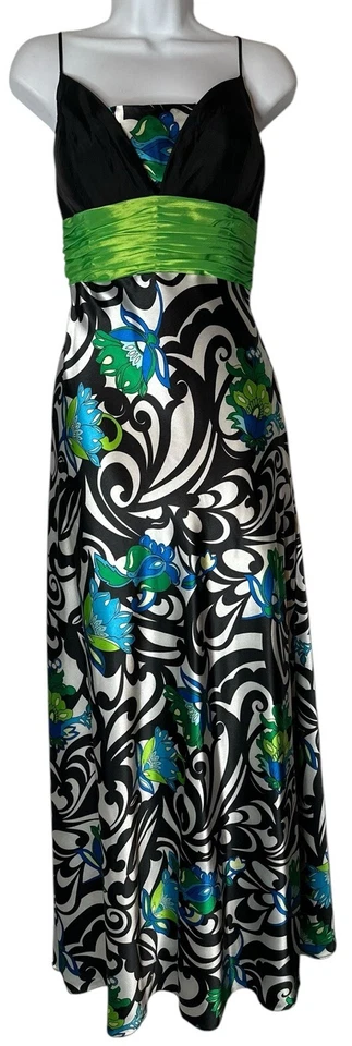 Vestido largo de graduación Jovani Empire cintura faja audaz geométrico floral verde neón Foto 2 de 4