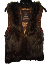 GUESS Women's MED Faux Fur Vest W/Beaded Armholes Horn Toggle Closure Brown