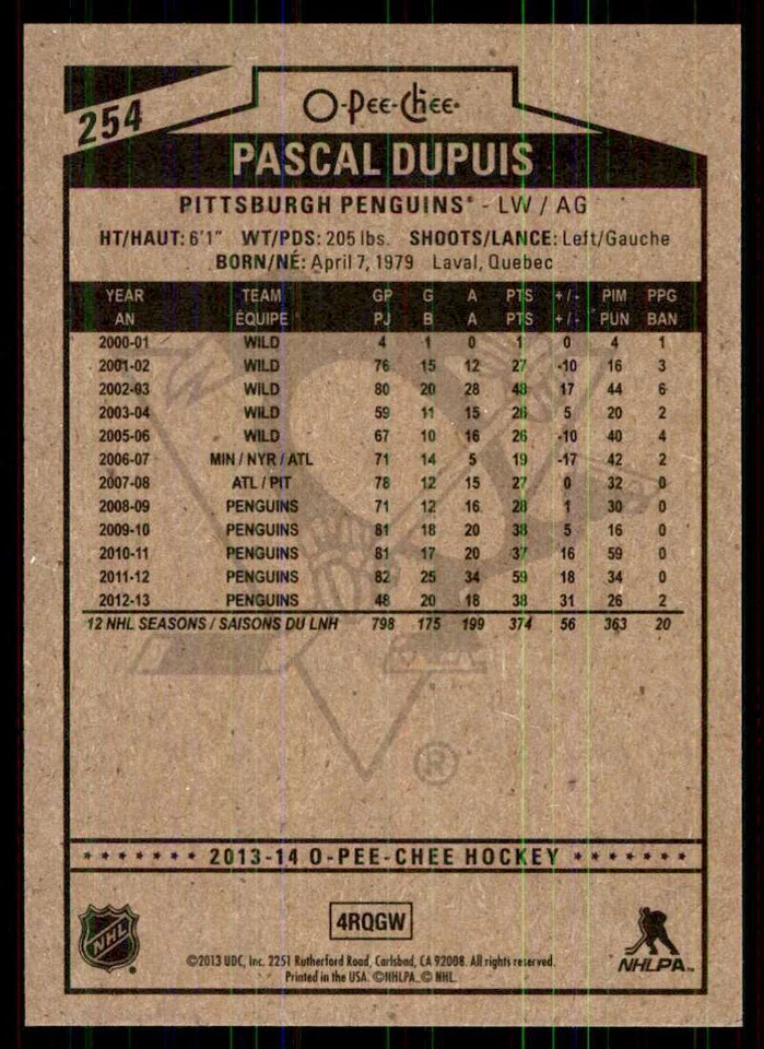 2013-14 O-Pee-Chee Pascal Dupuis #254 - Image 2 of 2