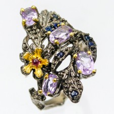 TOP Amethyst + Saphire + Rhodolith - 925 Silber Ring schw. rhodiniert + vergol.
